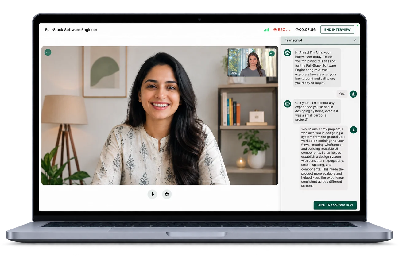 JusRecruit adaptive AI interview running on a laptop