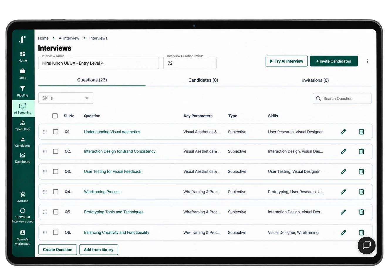 Interview management dashboard tracking invited, in-progress and completed interviews