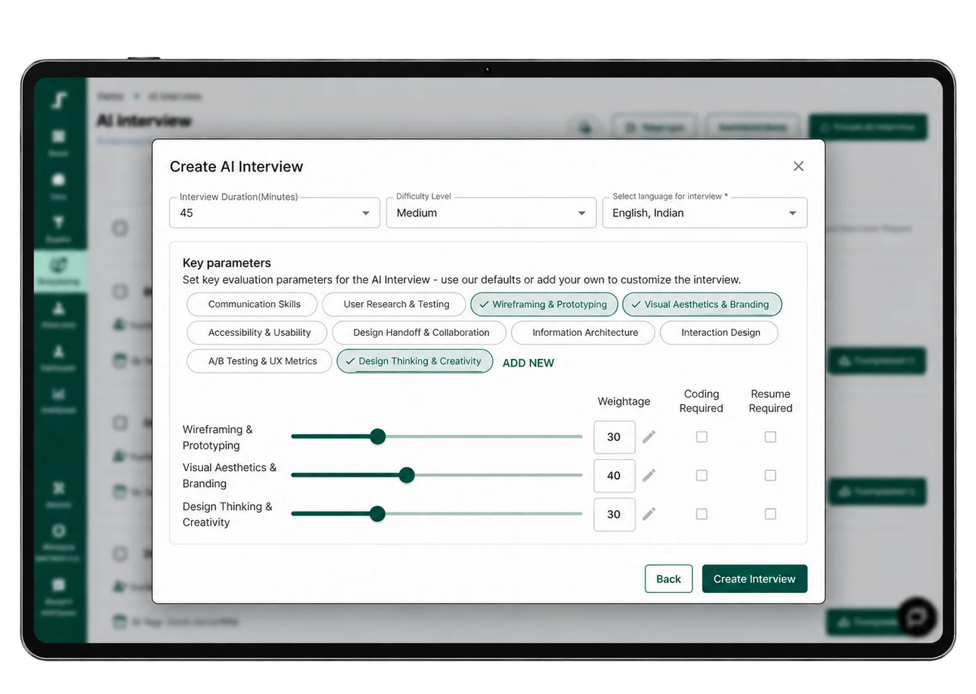 Skill-based evaluation setup with weightage for each skill