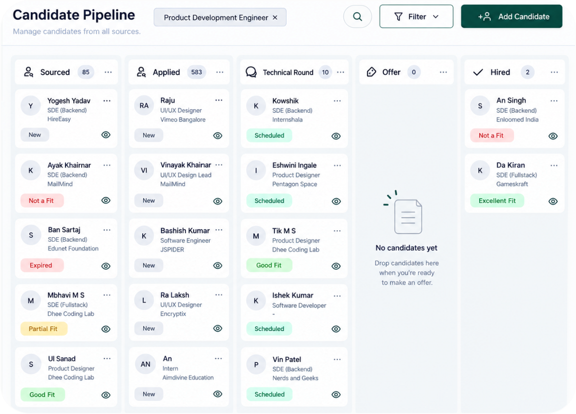JusRecruit candidate pipeline board with Sourced, Applied, Technical Round, Offer and Hired stages
