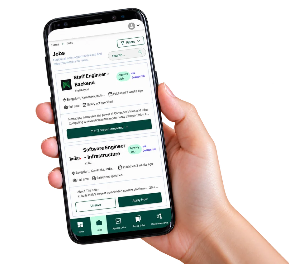 The JusRecruit jobs feed on a phone, with matched roles and application progress