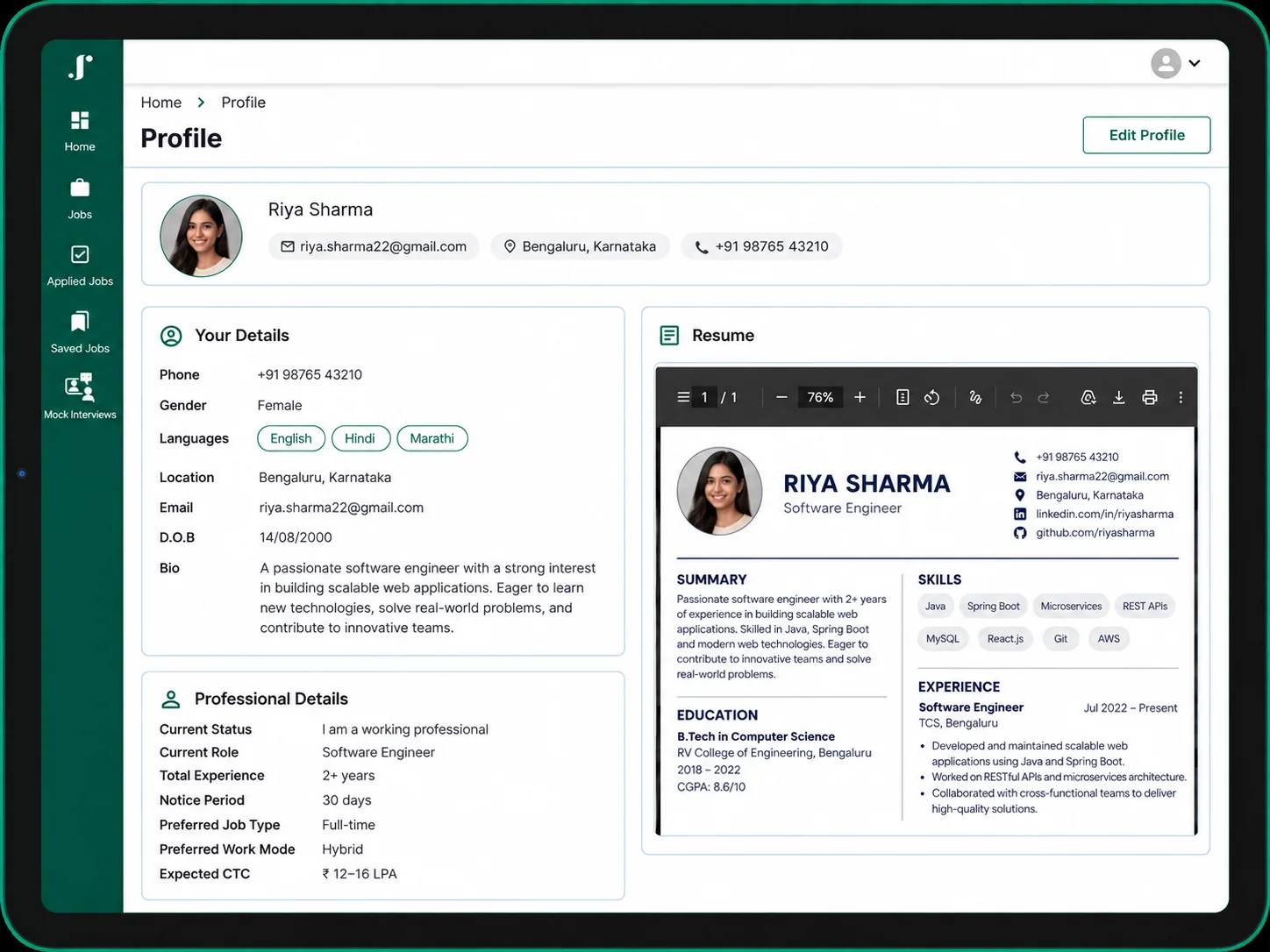 JusRecruit candidate profile: personal details, professional details and resume