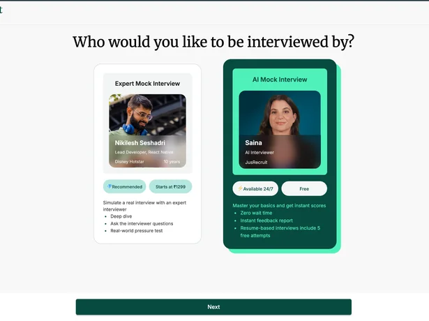 JusRecruit interview practice: choose an interviewer, role and questions