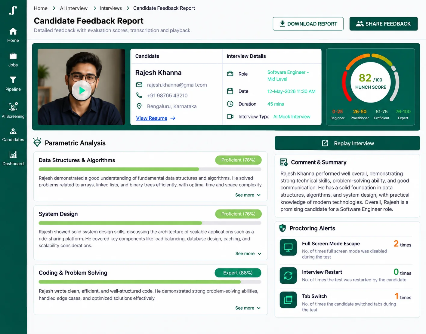 JusRecruit interview scorecard with score, feedback and strengths