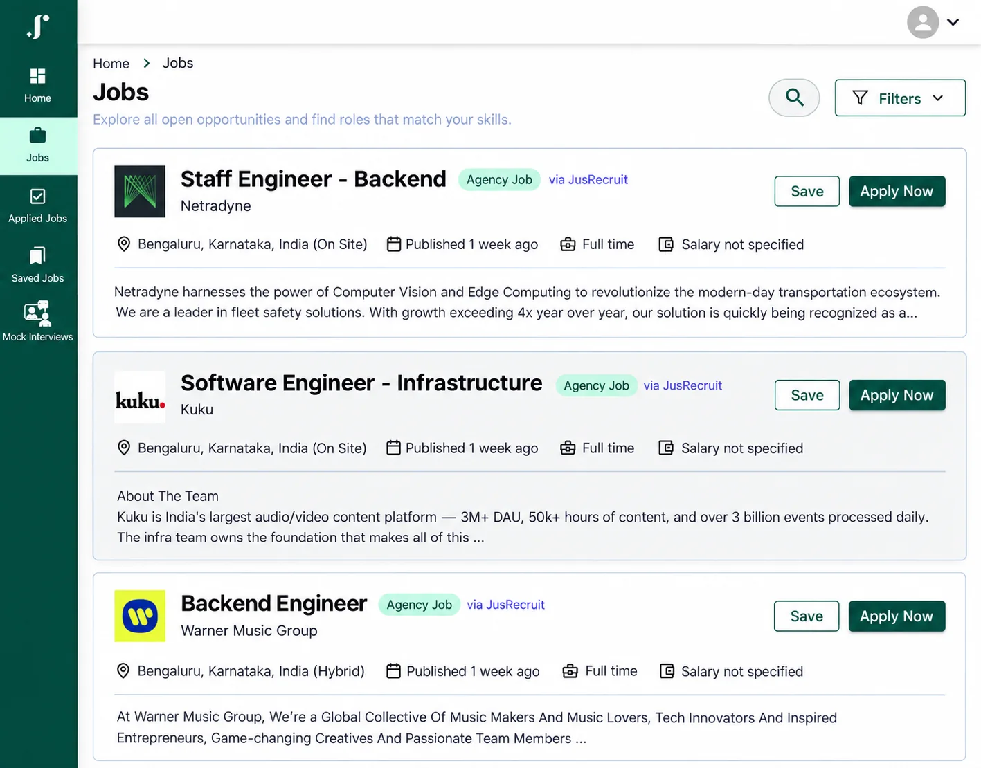 JusRecruit job search with filters and saved jobs