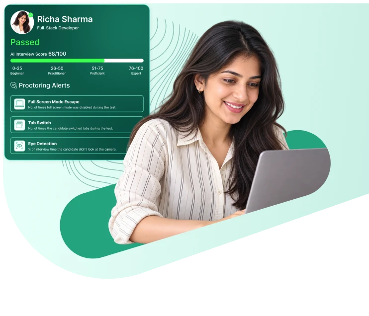 AI interview result: Richa Sharma, Full-Stack Developer, passed with a score of 68 out of 100, with proctoring alerts, next to a candidate smiling while working on a laptop