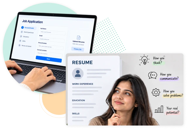 A candidate filling in an online job application on a laptop, next to a resume and a thoughtful candidate illustration