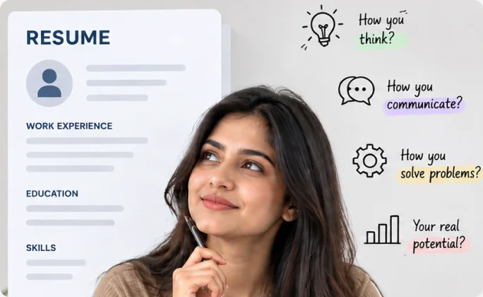 A resume beside a thoughtful candidate: how you think, communicate and solve problems